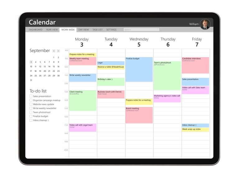 Calendar app sample interface design on tablet computer showing appointment booking