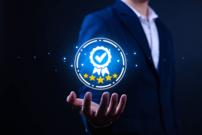 Businessman holding quality certification mark representing audit and assurance