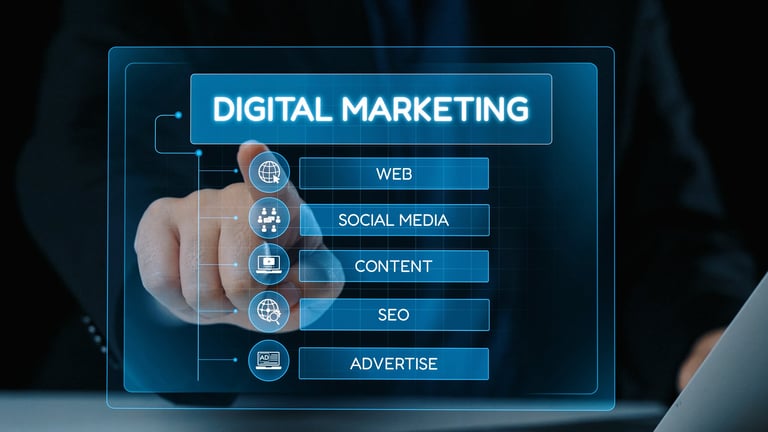A close-up shot of a person's finger interacting with a glowing blue holographic screen that lists key components of digital marketing: Web, Social Media, Content, SEO, and Advertise.